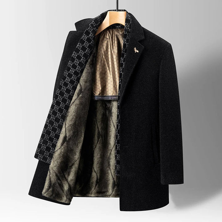 Modern classic men's warm winter coat. Stylish long-sleeve outerwear with notched lapel for versatile cold weather.