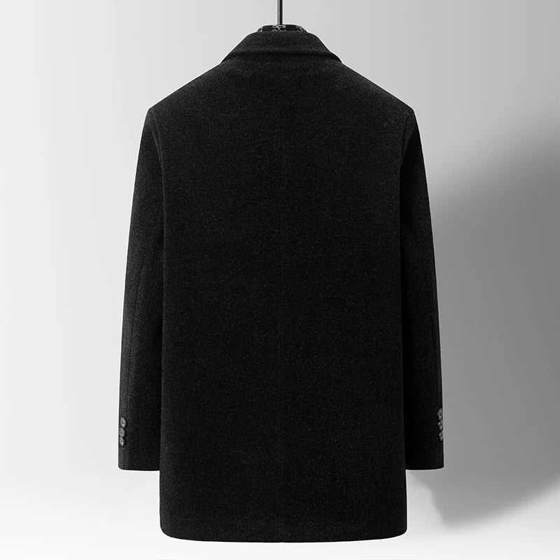 Professional men's warm winter coat. Versatile long-sleeve outerwear with a notched lapel for stylish cold weather.
