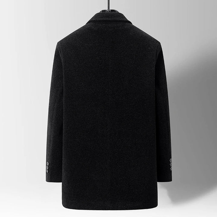 Professional men's warm winter coat. Versatile long-sleeve outerwear with a notched lapel for stylish cold weather.