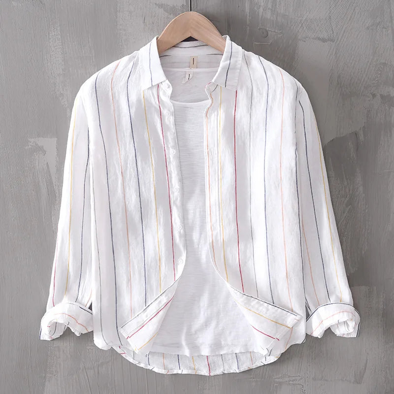 Men's classic white coastal button-down shirt for summer.
