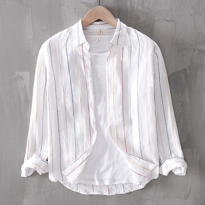 Men's classic white coastal button-down shirt for summer.