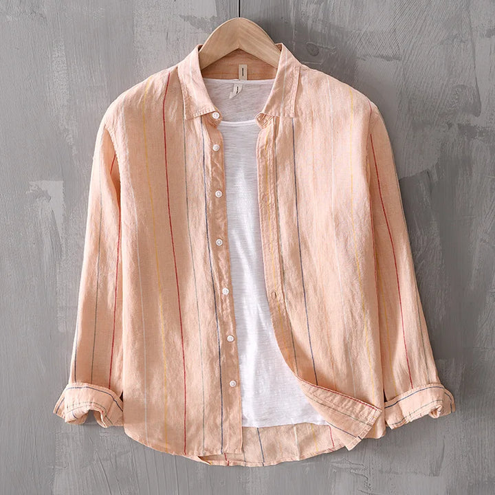 Apricot men's casual coastal button-down shirt, perfect for warm weather.