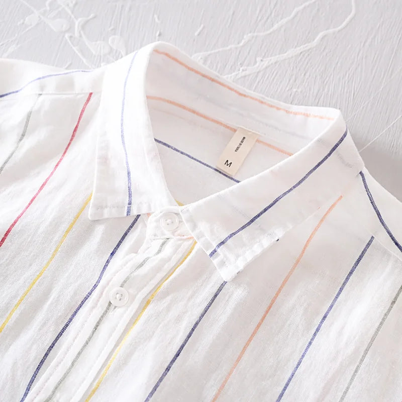 Casual men's apricot button-down shirt, a tailored fit for warm weather style.