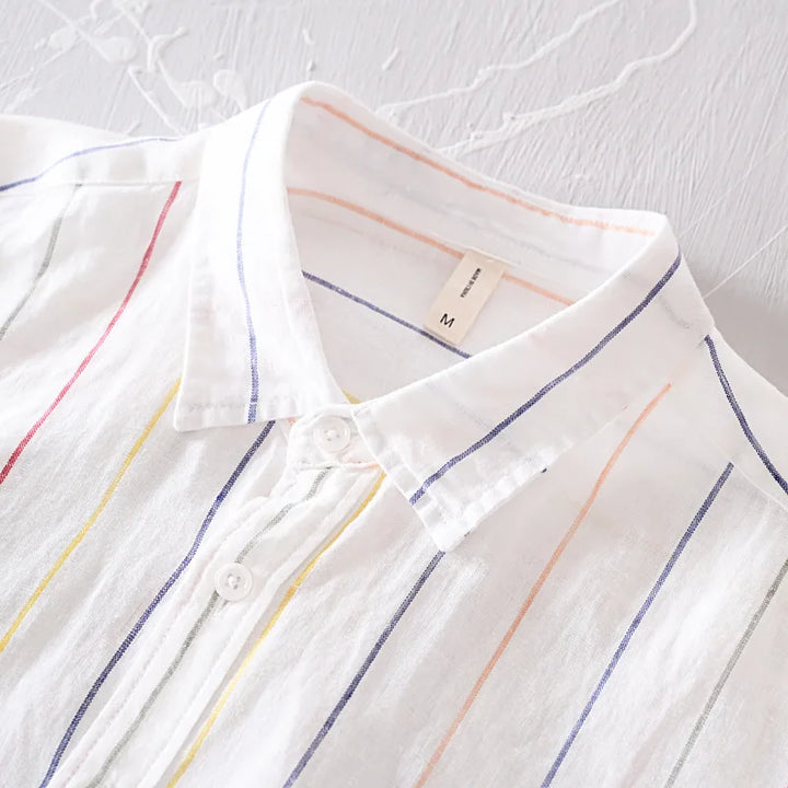 Casual men's apricot button-down shirt, a tailored fit for warm weather style.