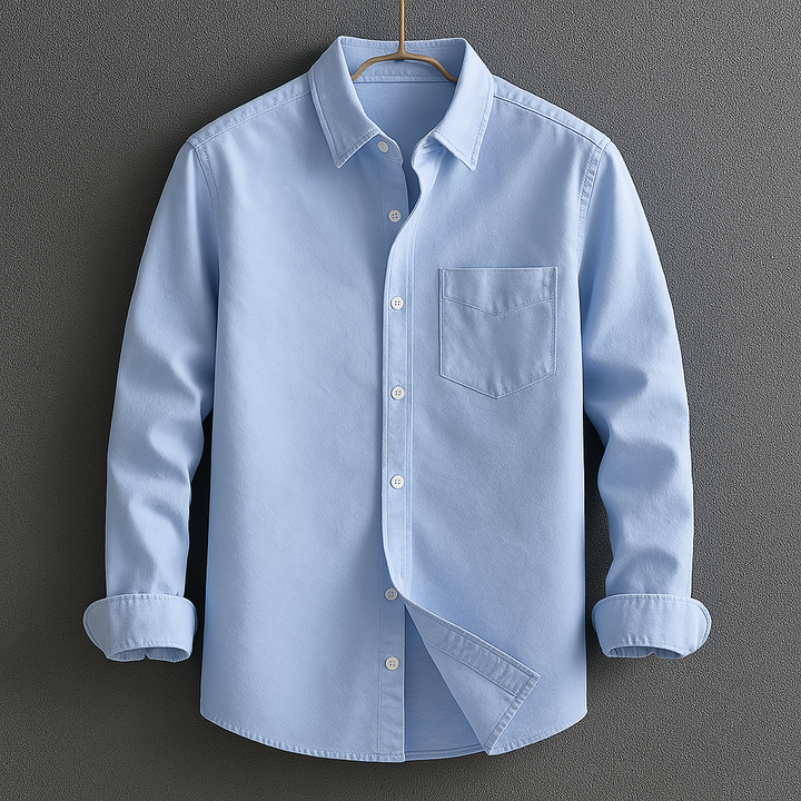 Classic grey men's Oxford shirt, tailored long sleeve button-down. Relaxed yet sharp style, essential for menswear.