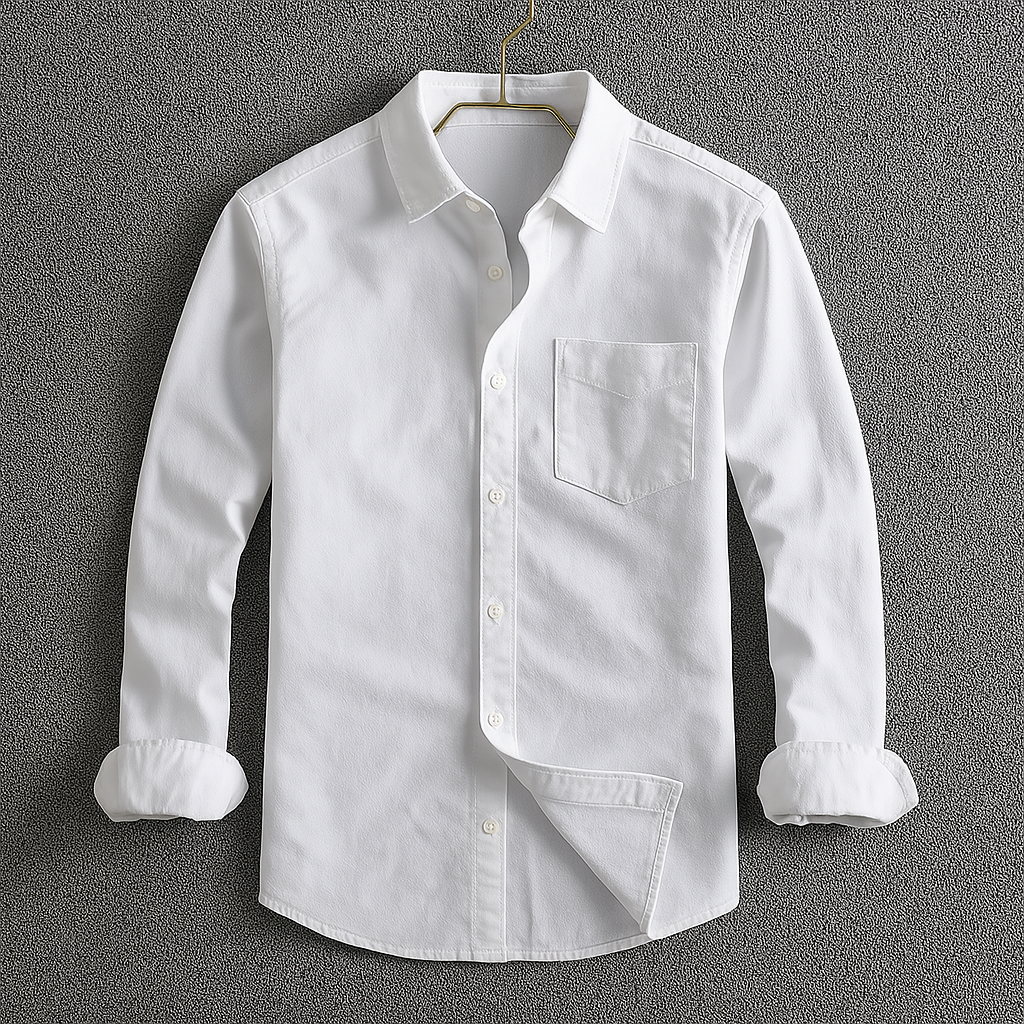 Relaxed men's long sleeve Oxford shirt, unbuttoned for casual wear. Classic button-down menswear for everyday style.