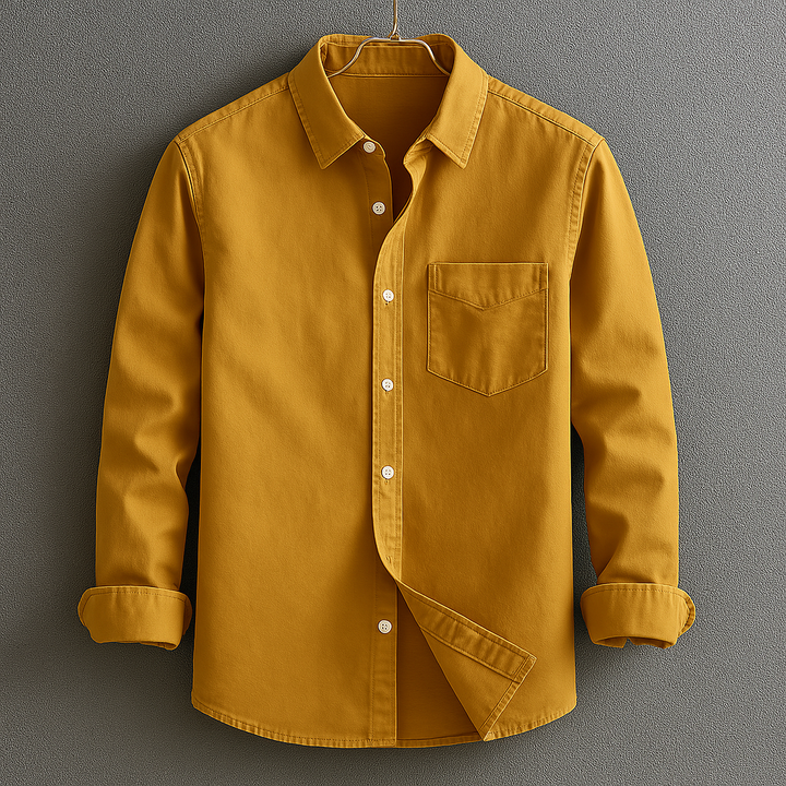 Close-up of a classic men's Oxford button-down shirt collar. Sharp long sleeve menswear, perfect for smart casual.