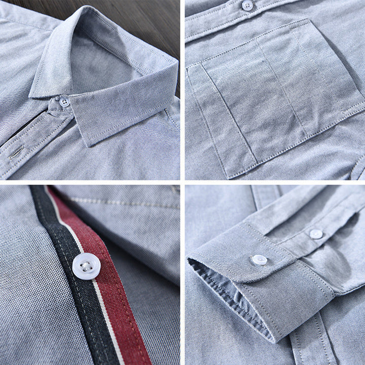 Back view of men's long sleeve Oxford shirt with stylish ribbon trim. Clean, modern aesthetic for work or casual.