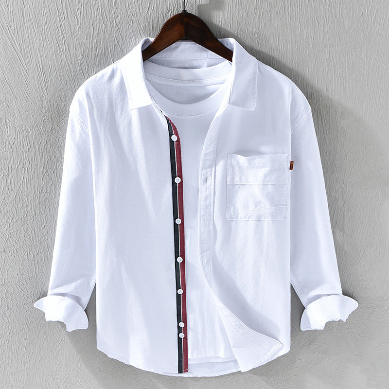 Versatile men's slim-fit Oxford shirt with unique ribbon trim. Ideal for smart casual or business casual looks.