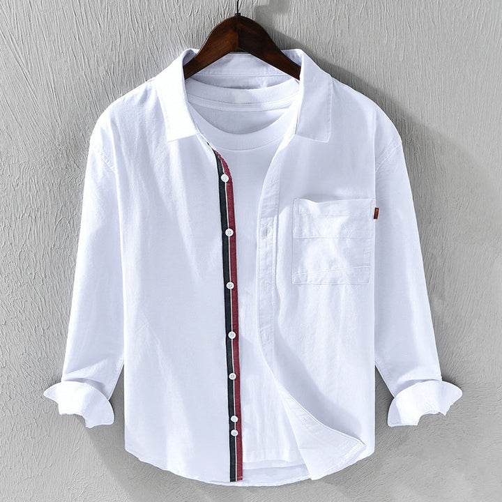 Versatile men's slim-fit Oxford shirt with unique ribbon trim. Ideal for smart casual or business casual looks.