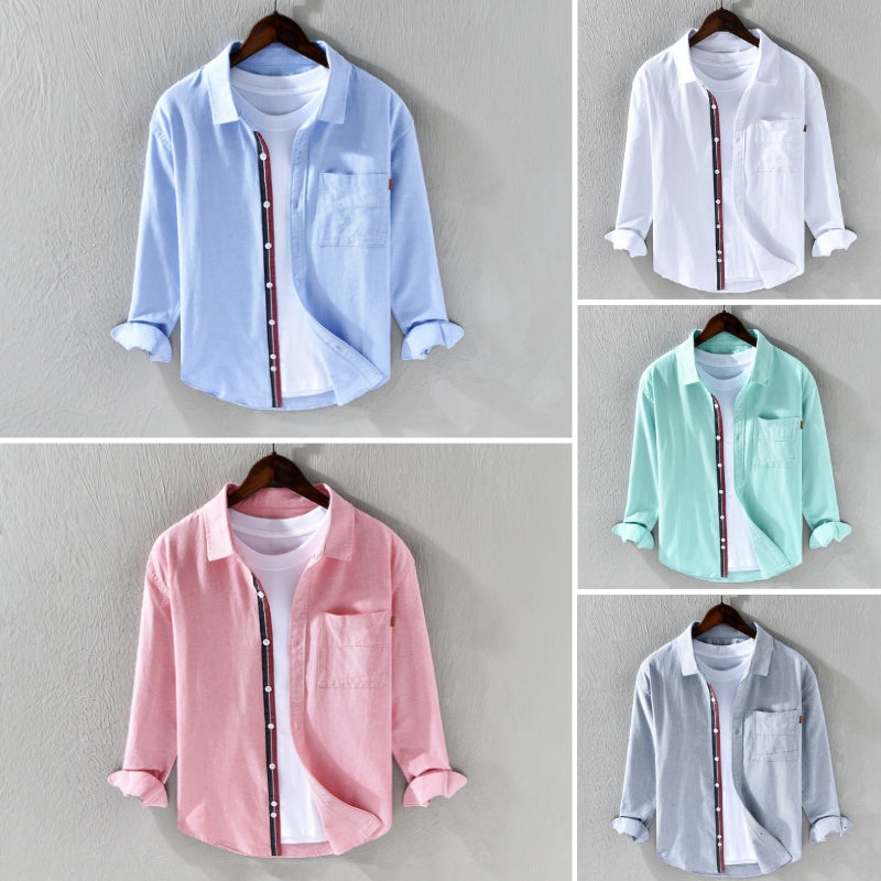 Modern men's long sleeve Oxford shirt with ribbon trim. Excellent for work, office, or stylish weekend outfits.