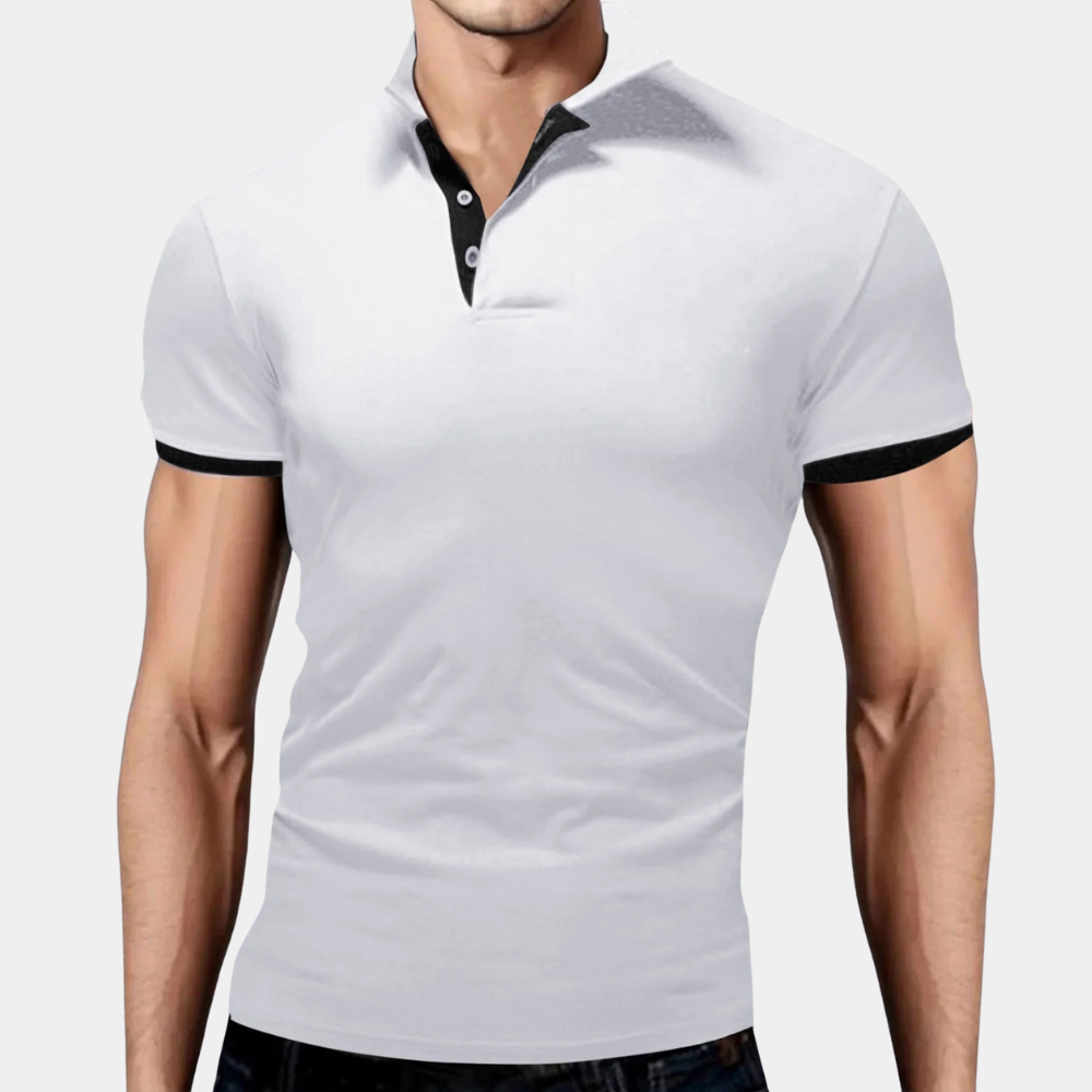 Men's classic white polo shirt, ideal for casual wear & everyday style. A versatile summer top for men.