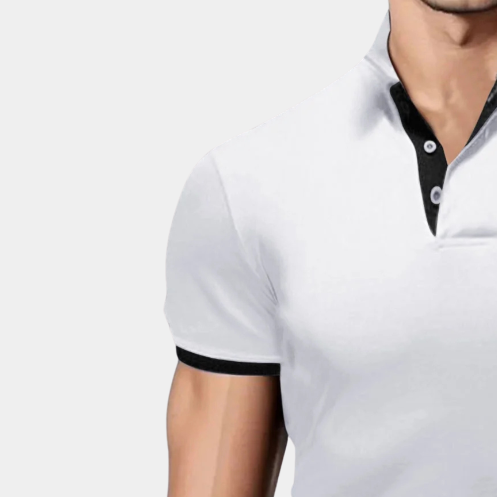 Crisp white men's polo shirt made from comfortable polyester. Perfect for a classic, casual look.
