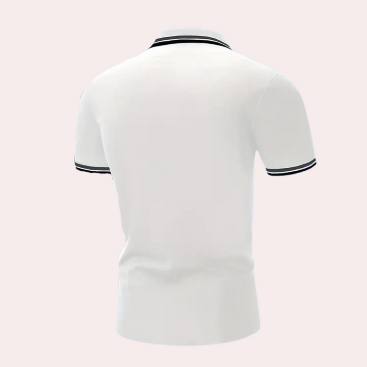 Classic white men's polo shirt, an essential summer top for versatile everyday style and casual outfits.