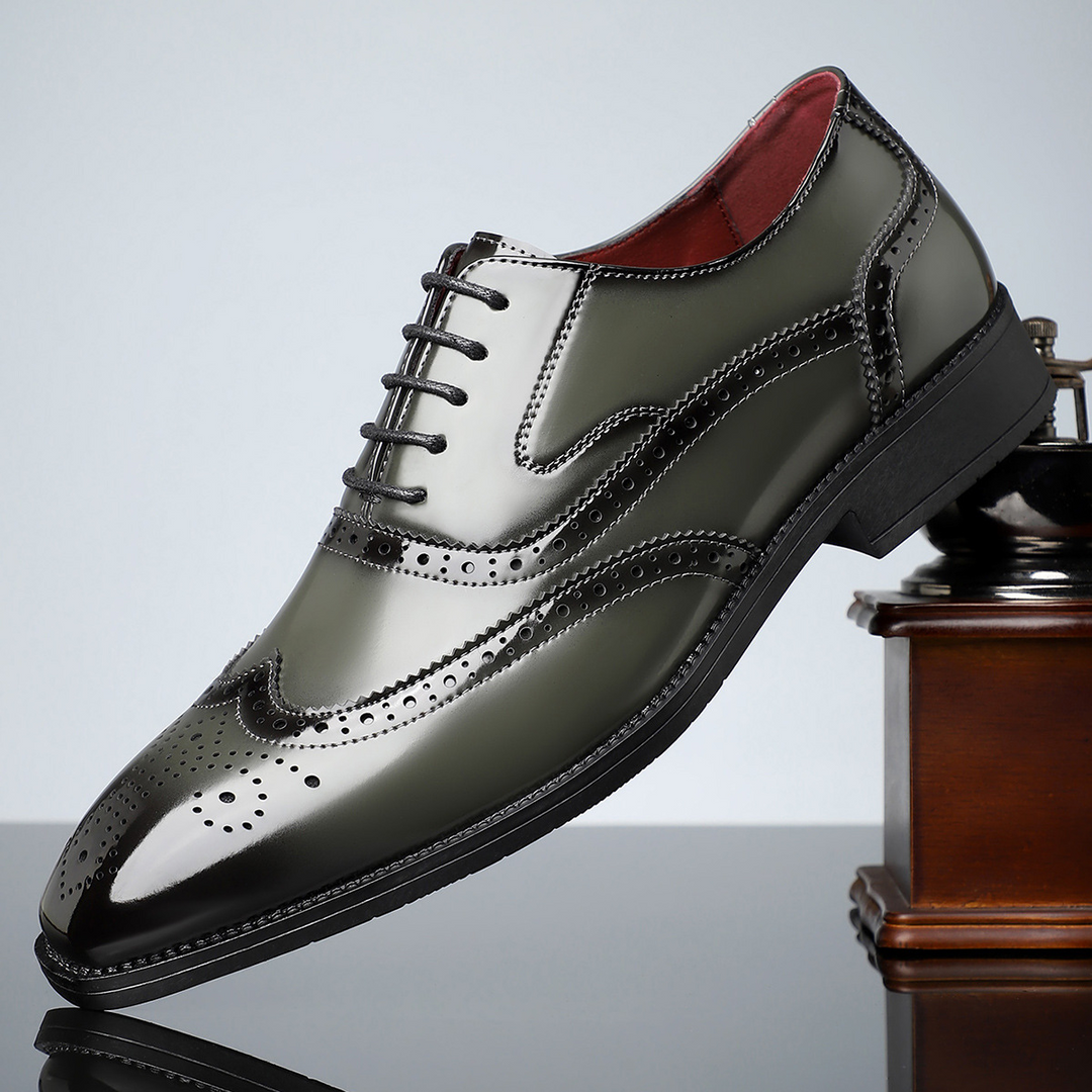 Front view of classic men's brogue wingtip shoes, highlighting the elegant design.