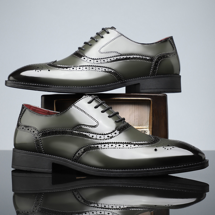 Men's formal brogue shoes with distinctive wingtip pattern, a staple in footwear.