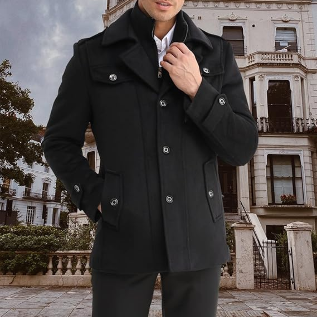 Men's casual wool blend trench coat, comfortable and stylish for winter and fall fashion.