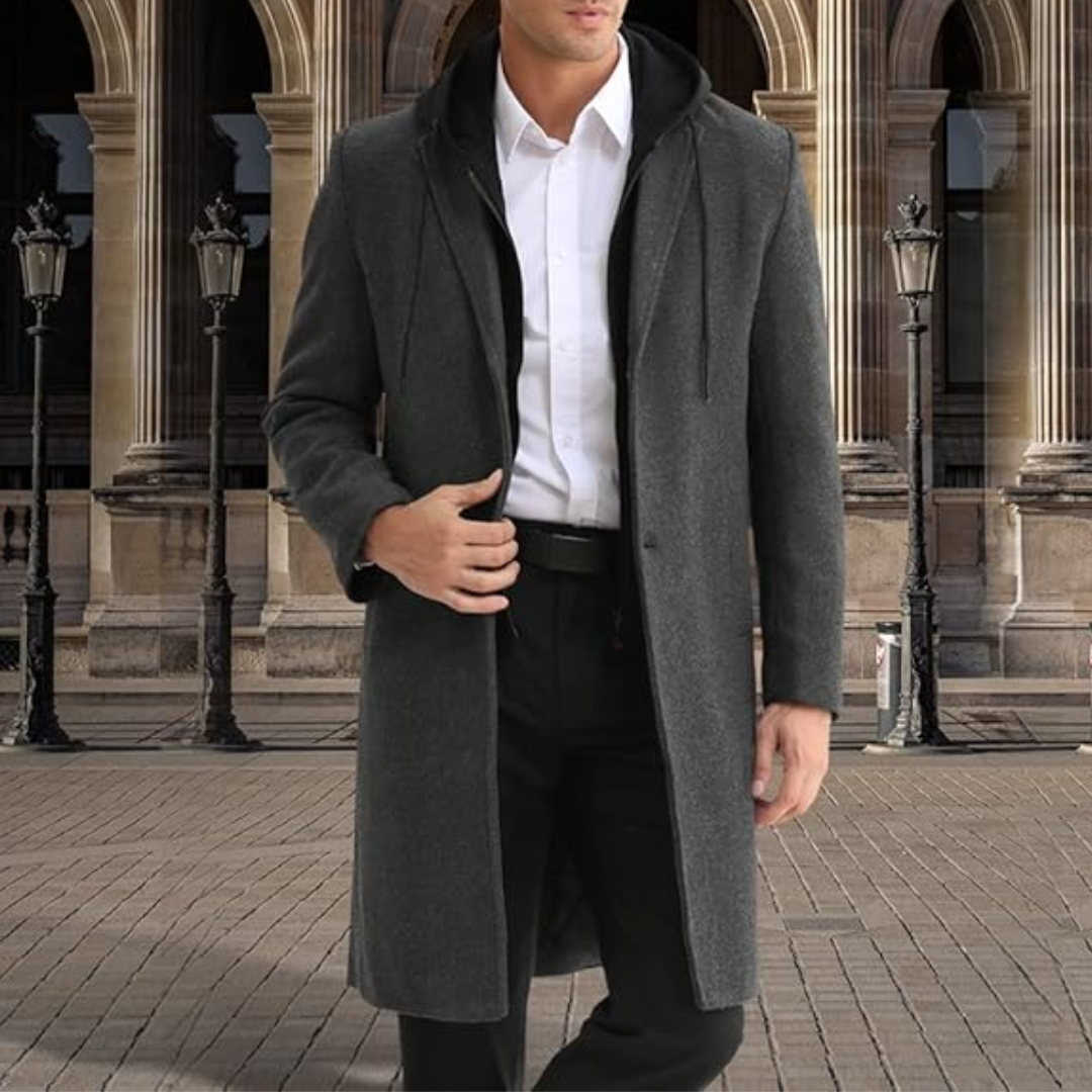 Warm men's classic trench coat, wool blend overcoat for cold weather, sophisticated style.