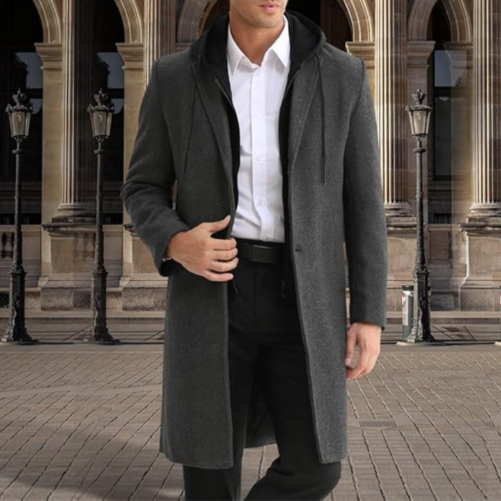 Warm men's classic trench coat, wool blend overcoat for cold weather, sophisticated style.