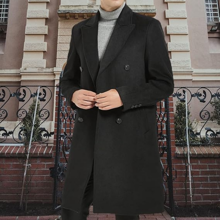 Men's sophisticated long trench, button front, wool blend, perfect classic style for winter.