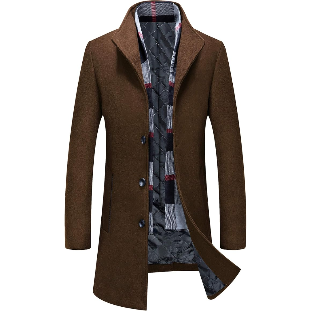 Stylish men's long overcoat with button front, perfect fall fashion & winter wardrobe essential.