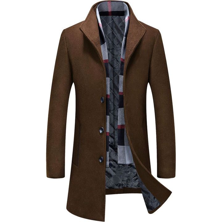 Stylish men's long overcoat with button front, perfect fall fashion & winter wardrobe essential.