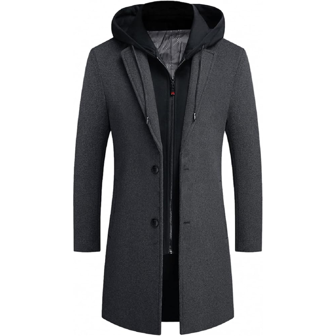 Formal men's classic trench coat, a sophisticated wool blend outerwear for cold weather.