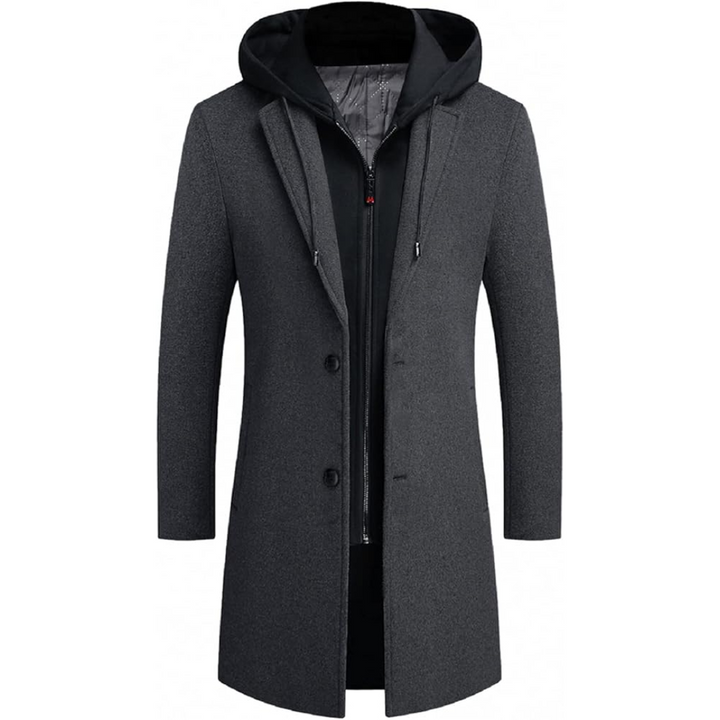 Formal men's classic trench coat, a sophisticated wool blend outerwear for cold weather.