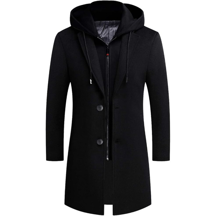 Casual men's winter trench coat, warm wool blend, classic style overcoat for fall fashion.