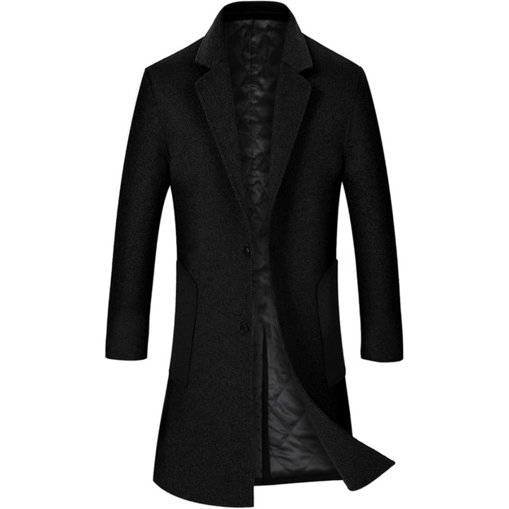 Sophisticated men's long trench coat, ideal wool blend overcoat for cold weather style.