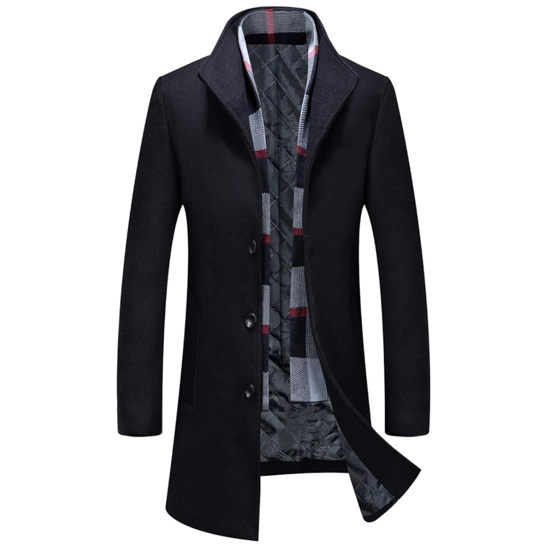 Men's classic wool blend winter trench coat, black, detailed button-front closure, perfect for formal and casual wear.