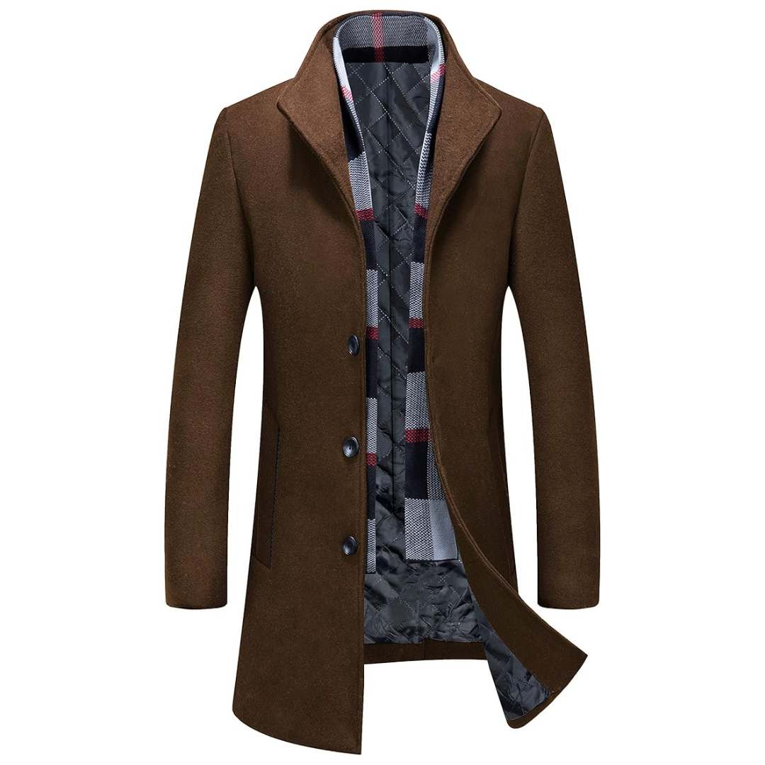 Liam men's winter trench coat, charcoal wool blend, offering warmth and classic style, ideal for cold weather outerwear.