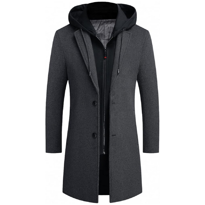 Stylish men's long winter coat, dark grey wool blend, featuring a sophisticated silhouette, suitable for office or casual.