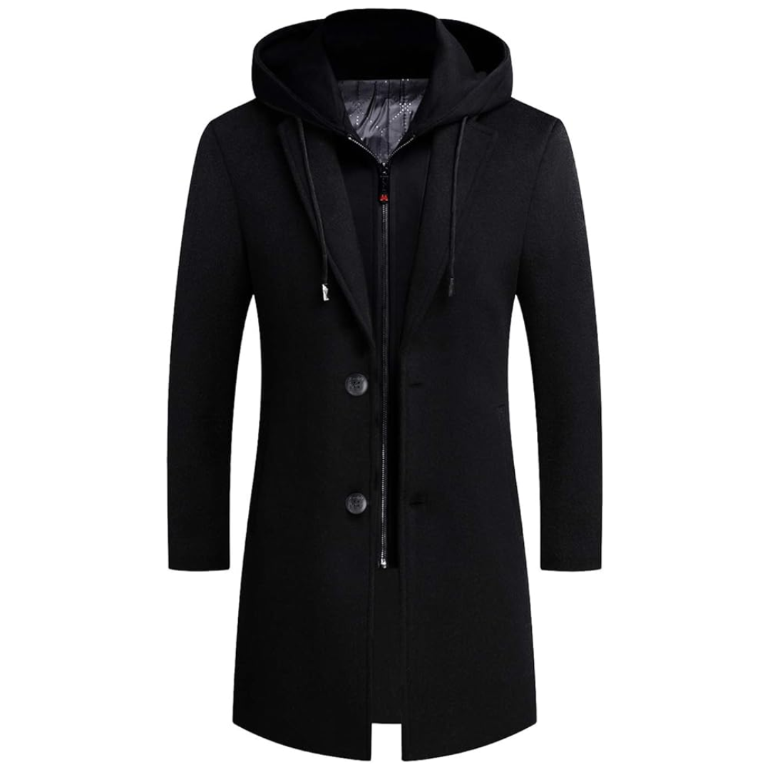 Close-up of Liam men's wool blend winter trench coat showing fabric texture and button detail, warm and fashionable.