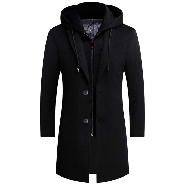 Close-up of Liam men's wool blend winter trench coat showing fabric texture and button detail, warm and fashionable.