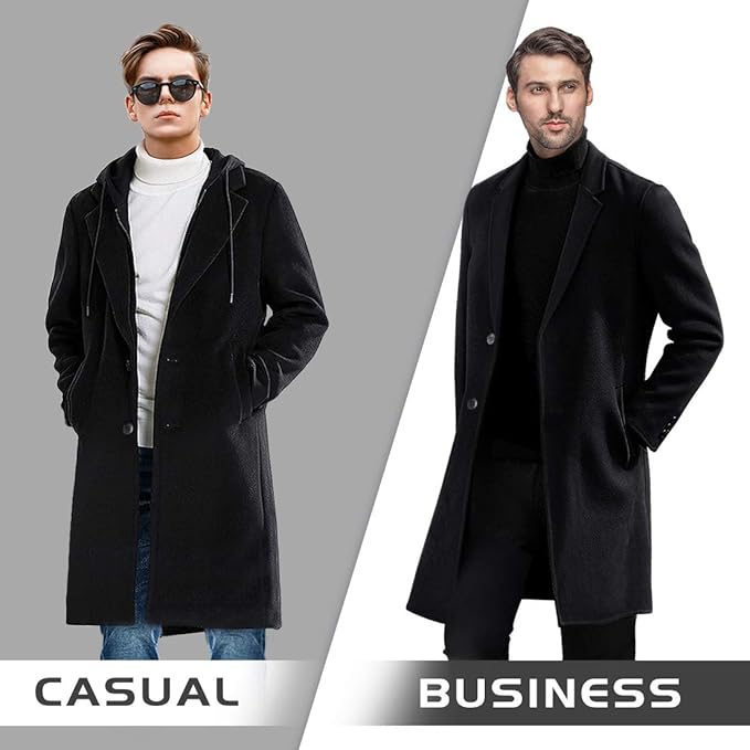 Model wearing a men's classic black winter trench coat, wool blend, enhancing a smart casual ensemble.