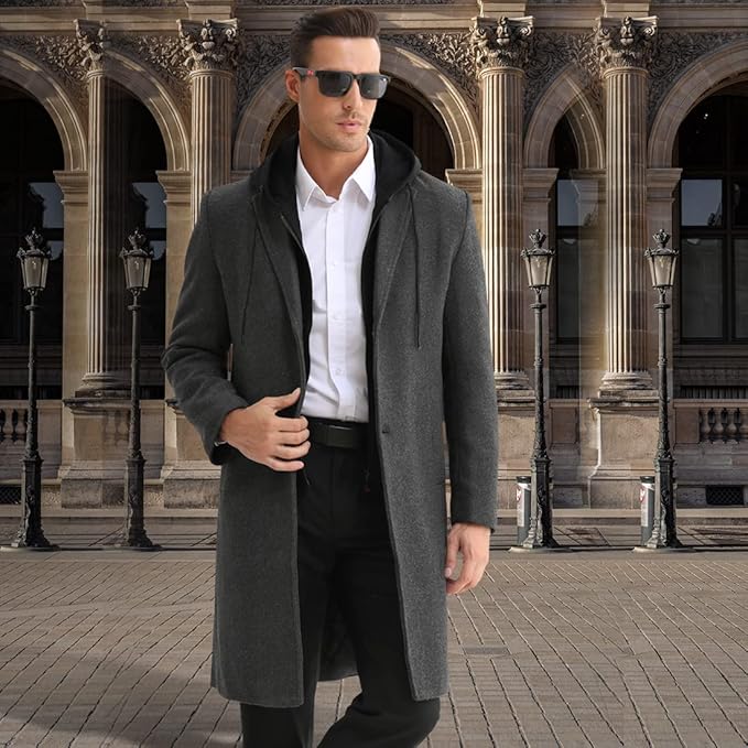 Classic men's long coat, grey wool blend, designed for winter, combining comfort, warmth, and refined men's fashion.