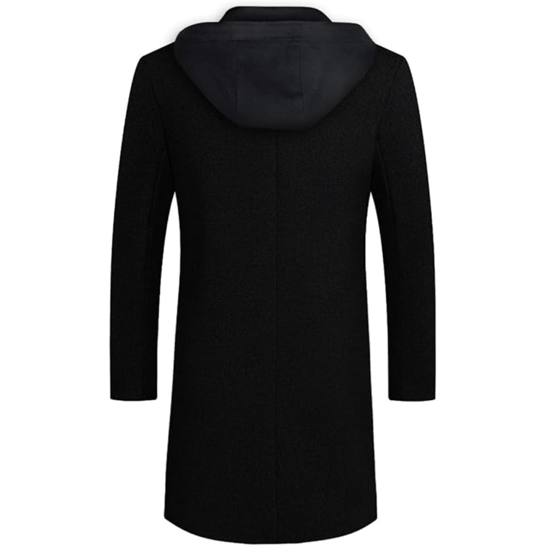 Detailed view of the collar and lapels on a men's wool blend winter trench coat, highlighting quality craftsmanship.