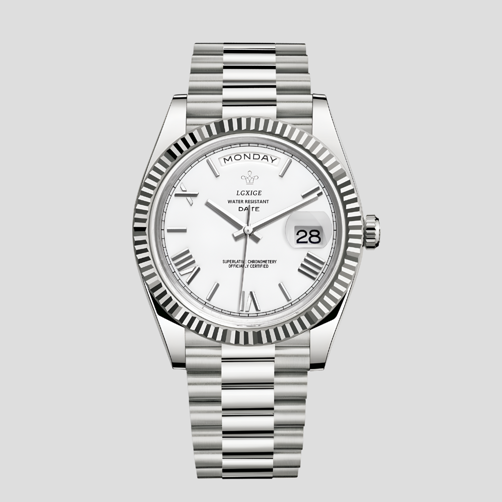 Men's classic wristwatch with date display, elegant steel band, and modern timepiece design. Perfect formal or casual.