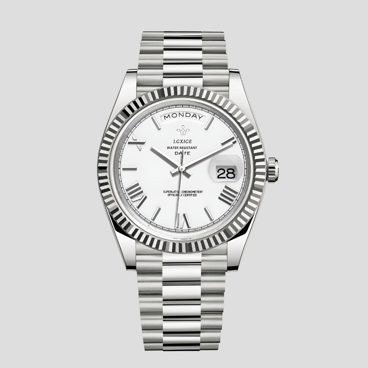 Men's classic wristwatch with date display, elegant steel band, and modern timepiece design. Perfect formal or casual.