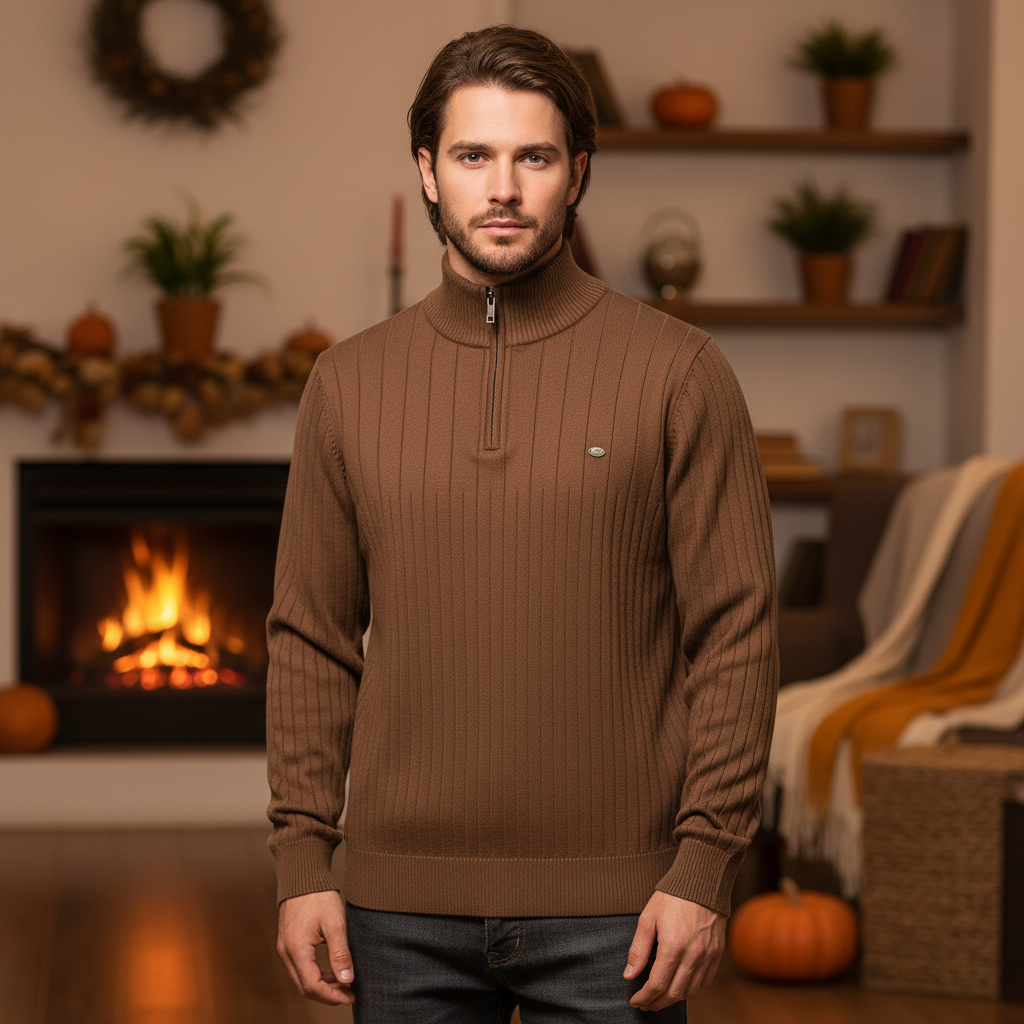 Men's classic zip collar cotton blend sweater in a warm knit, perfect for winter fashion.