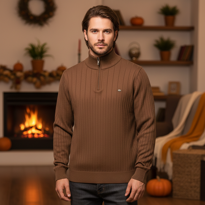 Men's classic zip collar cotton blend sweater in a warm knit, perfect for winter fashion.