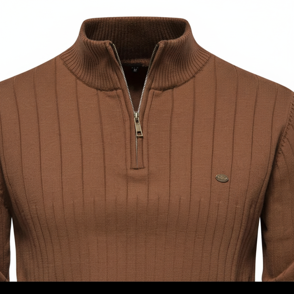 Classic men's knit sweater featuring a stylish zip collar, made from a comfortable cotton blend.