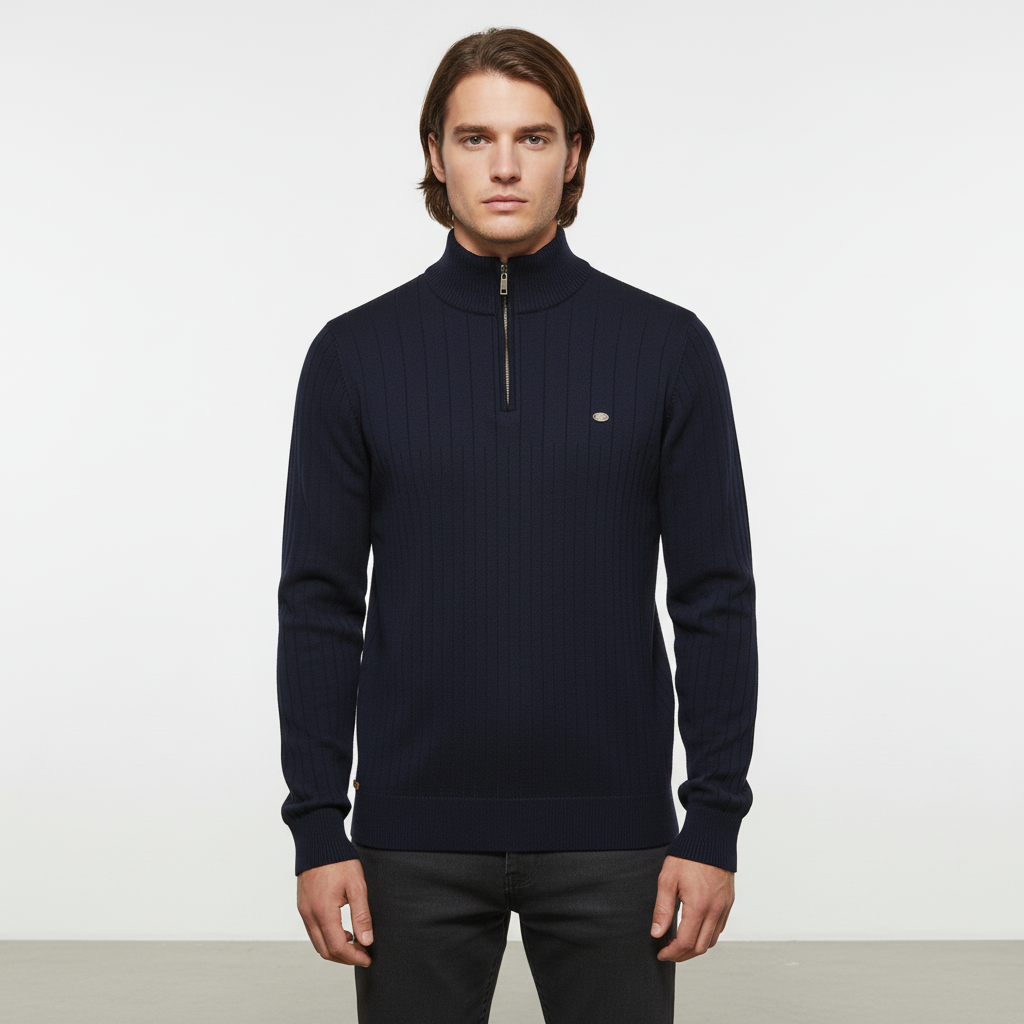 Warm men's clothing: a classic zip collar sweater, essential for cold autumn and winter days.
