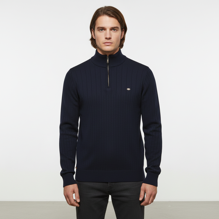 Warm men's clothing: a classic zip collar sweater, essential for cold autumn and winter days.