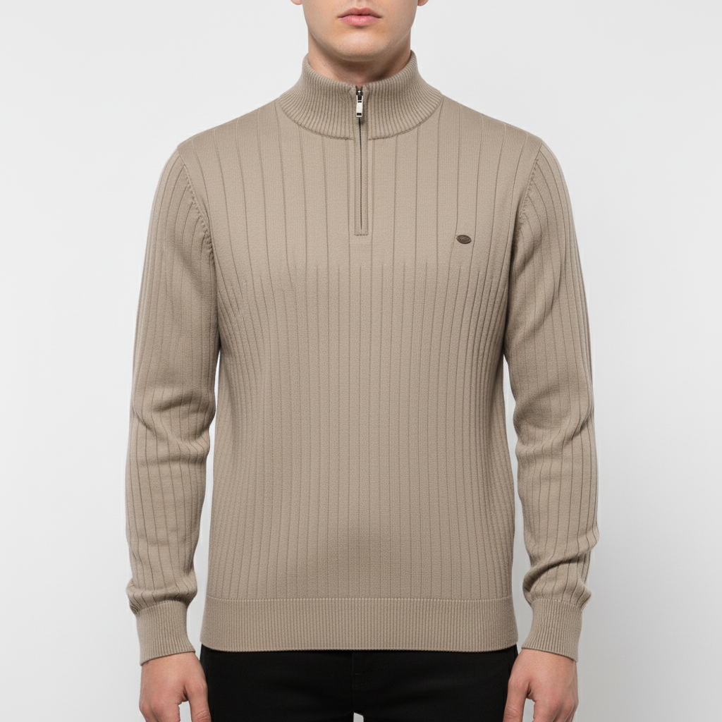 Close-up of a men's classic zip collar sweater, showcasing the knit texture and quality.