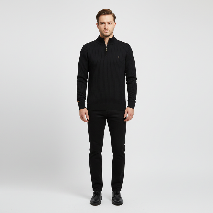 Cozy men's cotton blend sweater with a zip collar, offering both comfort and classic style.