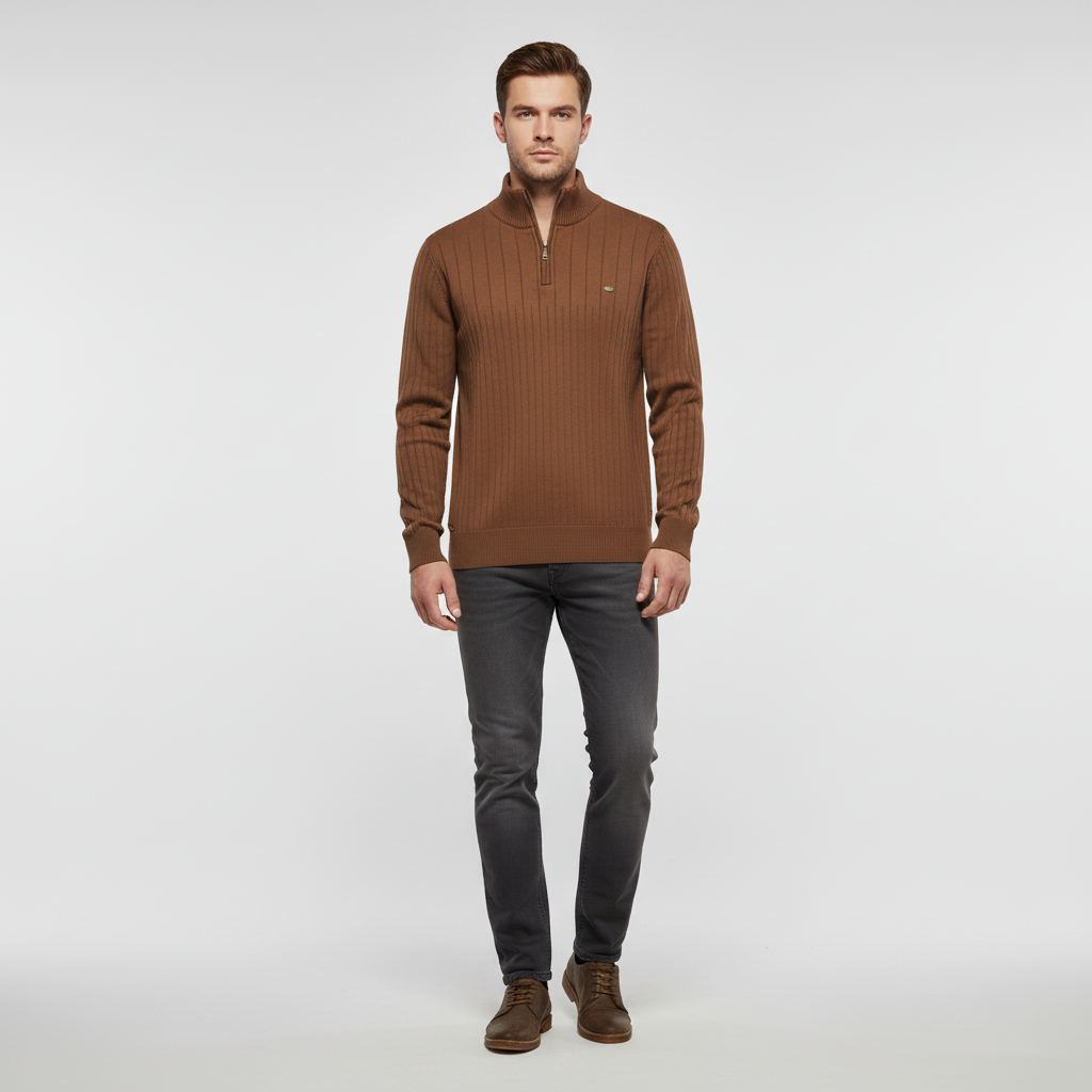 Stylish men's winter fashion: a classic knit sweater with a functional zip collar.