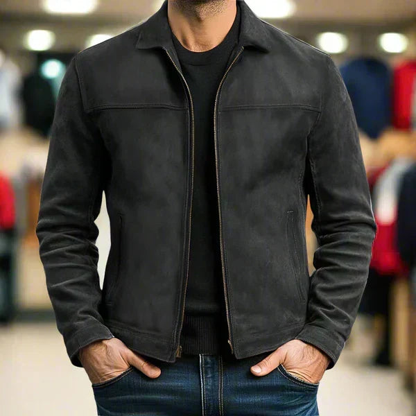 Sleek black men's timeless jacket, a versatile zip-up outerwear piece for everyday spring and fall outfits.