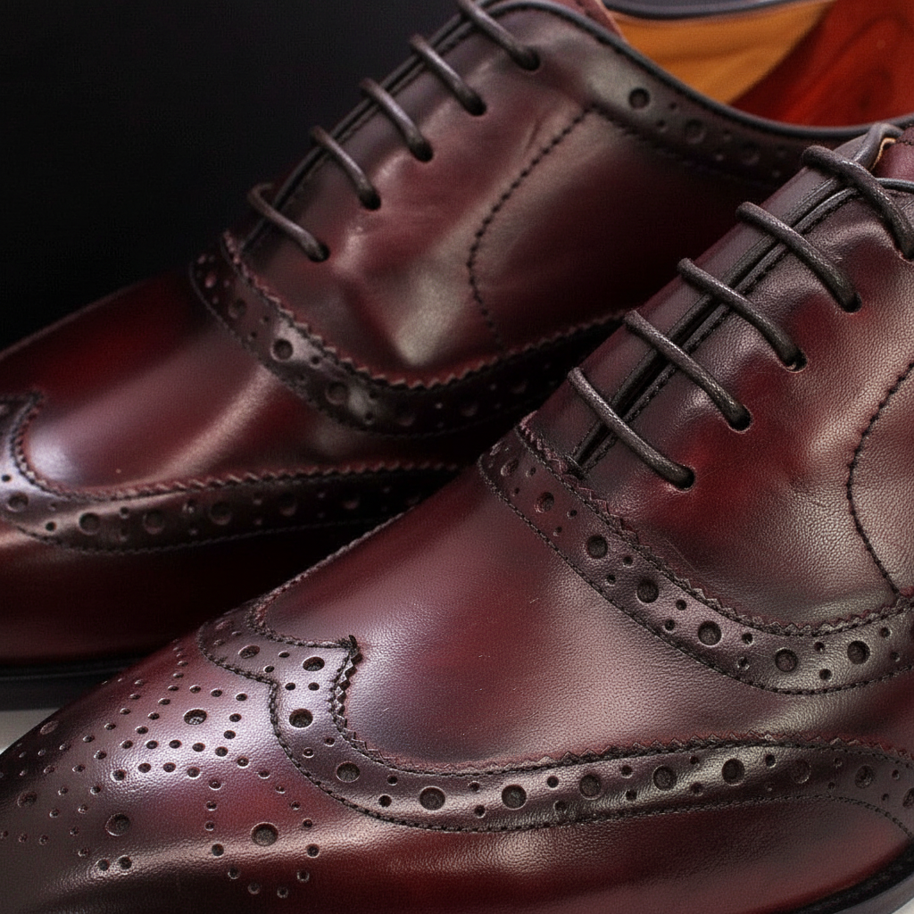 Close-up of high-quality brown leather Oxford shoes for men, handcrafted Clinton style